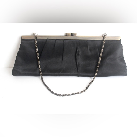 Vintage Matt Black Satin and Antiqued Brass Clutch with Chain, Evening Bag Retro - Picture 2 of 9